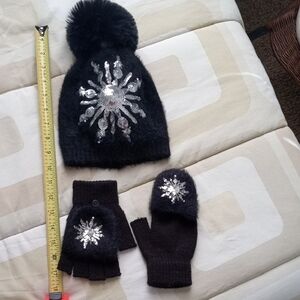 NWOT Black Knit Glove/Mittens Set with Silver Sequin Embellishments